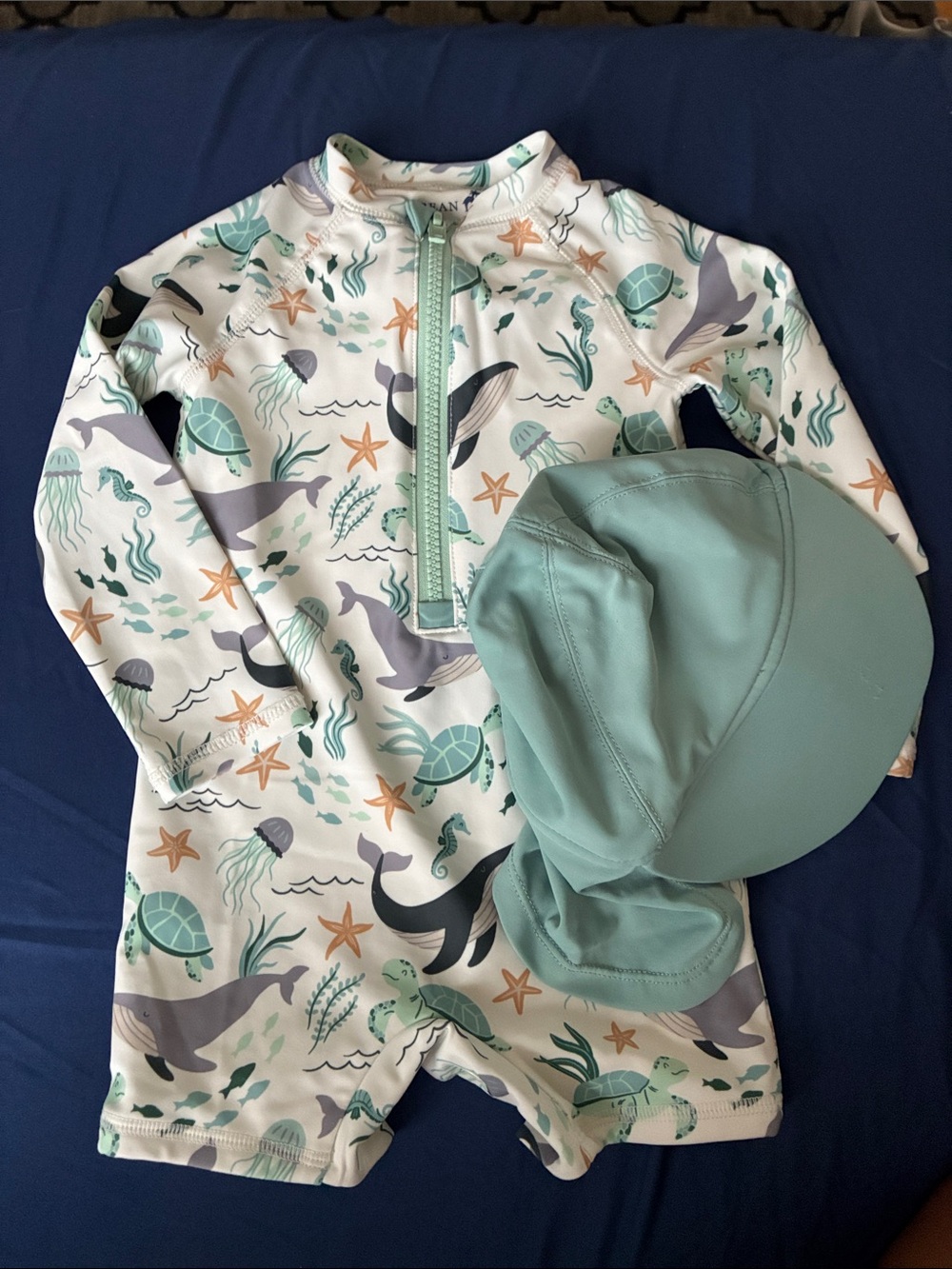 Caribbean Joe Mint and Teal Ocean Print Kids Rashguard Swim Set